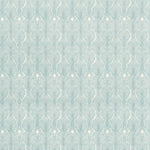 Detail of wallpaper in an art deco damask print in blue on a white field.