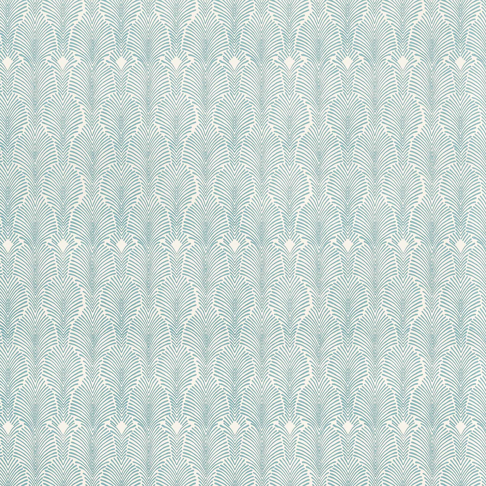 Detail of fabric in a striped damask pattern in turquoise on a cream field.
