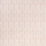Detail of wallpaper in an art deco damask print in dusty rose on a white field.