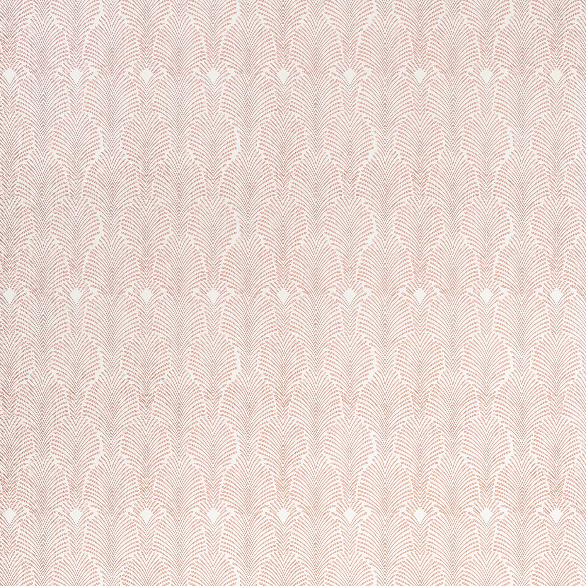 Detail of wallpaper in an art deco damask print in dusty rose on a white field.