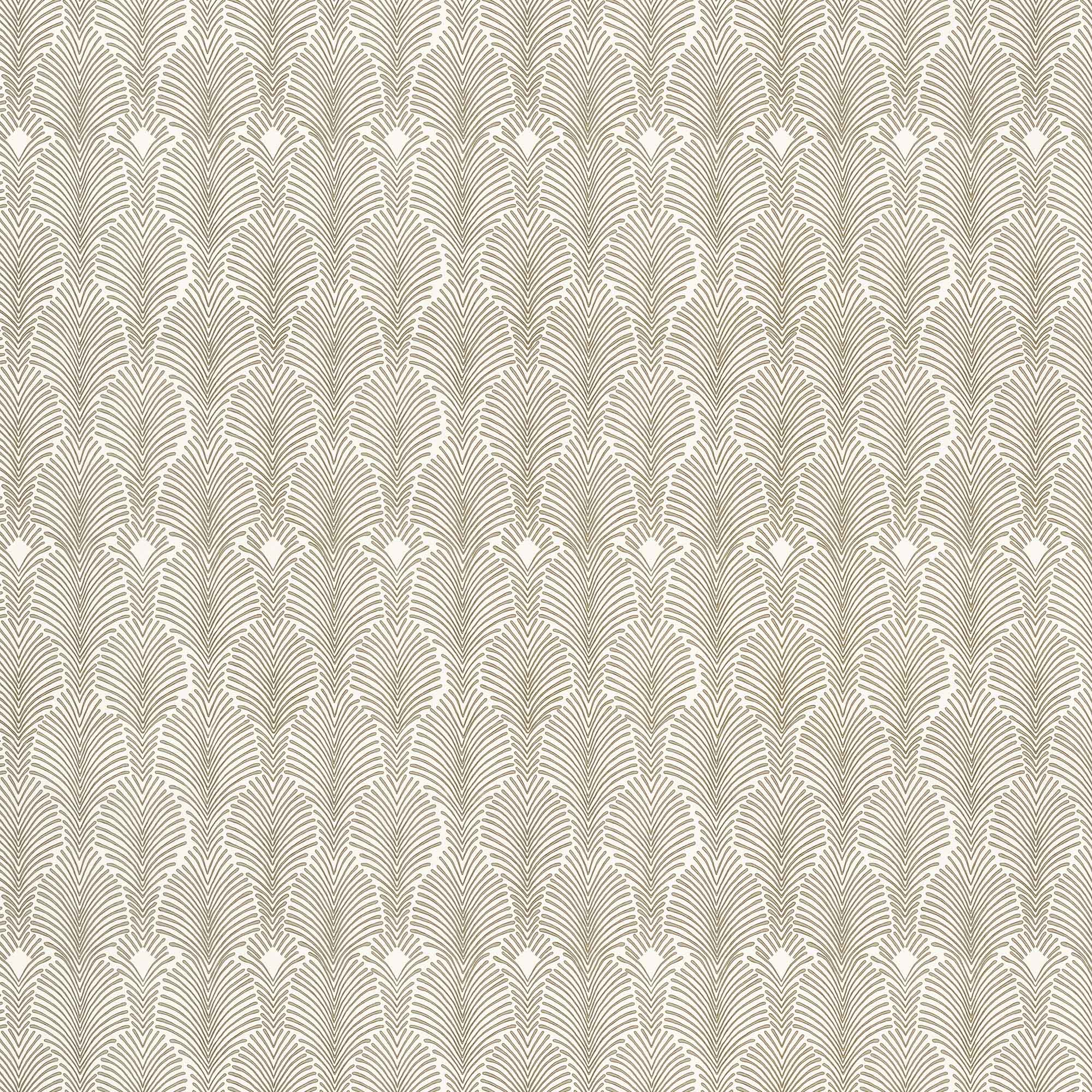 Detail of fabric in a striped damask pattern in olive on a cream field.