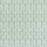 Detail of wallpaper in an art deco damask print in turquoise on a white field.