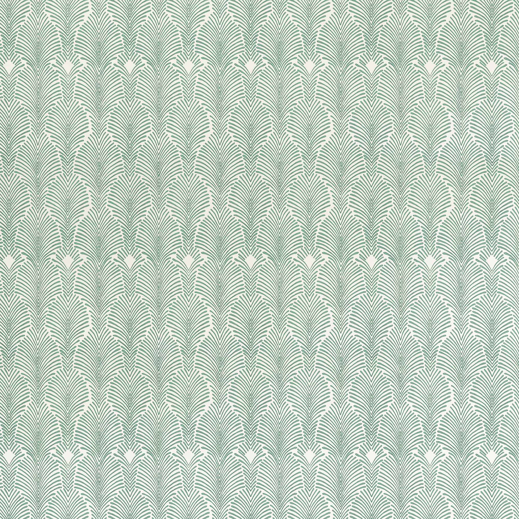 Detail of fabric in a striped damask pattern in green on a cream field.