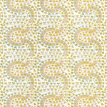 Detail of wallpaper in a meandering botanical stripe in shades of pink, yellow and green on a white field.
