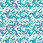 Detail of wallpaper in a meandering botanical stripe in shades of blue and turquoise on a white field.