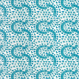 Detail of wallpaper in a meandering botanical stripe in shades of blue and turquoise on a white field.
