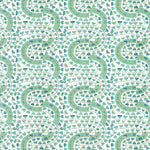 Detail of wallpaper in a meandering botanical stripe in shades of blue and green on a white field.