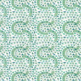 Detail of wallpaper in a meandering botanical stripe in shades of blue and green on a white field.