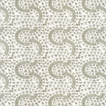 Detail of wallpaper in a meandering botanical stripe in shades of gray and brown on a white field.