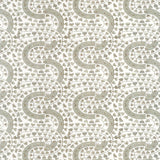 Detail of wallpaper in a meandering botanical stripe in shades of gray and brown on a white field.