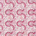 Detail of wallpaper in a meandering botanical stripe in shades of pink and red on a white field.