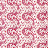 Detail of wallpaper in a meandering botanical stripe in shades of pink and red on a white field.