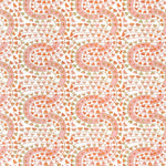 Detail of wallpaper in a meandering botanical stripe in shades of coral and green on a white field.