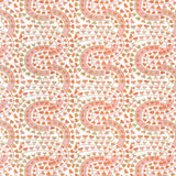 Detail of wallpaper in a meandering botanical stripe in shades of coral and green on a white field.