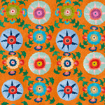 Detail of wallpaper in a playful floral pattern in a rainbow of colors on an orange field.
