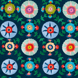 Detail of wallpaper in a playful floral pattern in a rainbow of colors on a navy field.