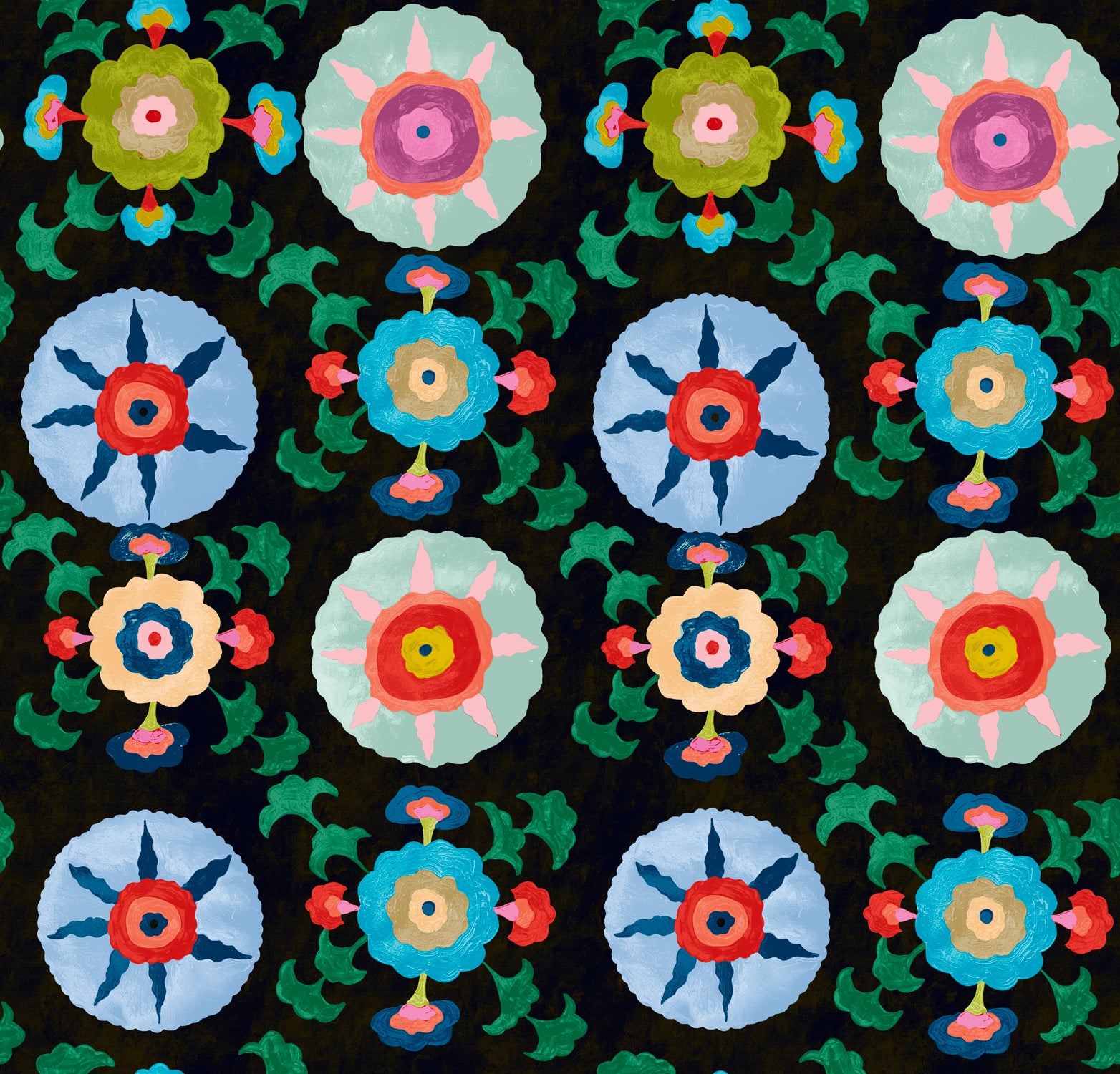 Detail of wallpaper in a playful floral pattern in a rainbow of colors on a black field.