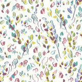 Detail of wallpaper in a painterly leaf print in shades of purple, blue and green on a white field.