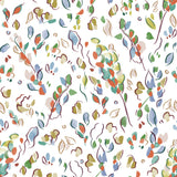Detail of fabric in a painterly leaf print in a rainbow of shades on a white field.
