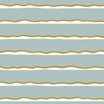 Detail of fabric in a wide undulating stripe pattern in mustard and white on a light blue field.