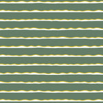Detail of wallpaper in an undulating stripe pattern in mustard, white and sage.