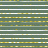 Detail of wallpaper in an undulating stripe pattern in mustard, white and sage.