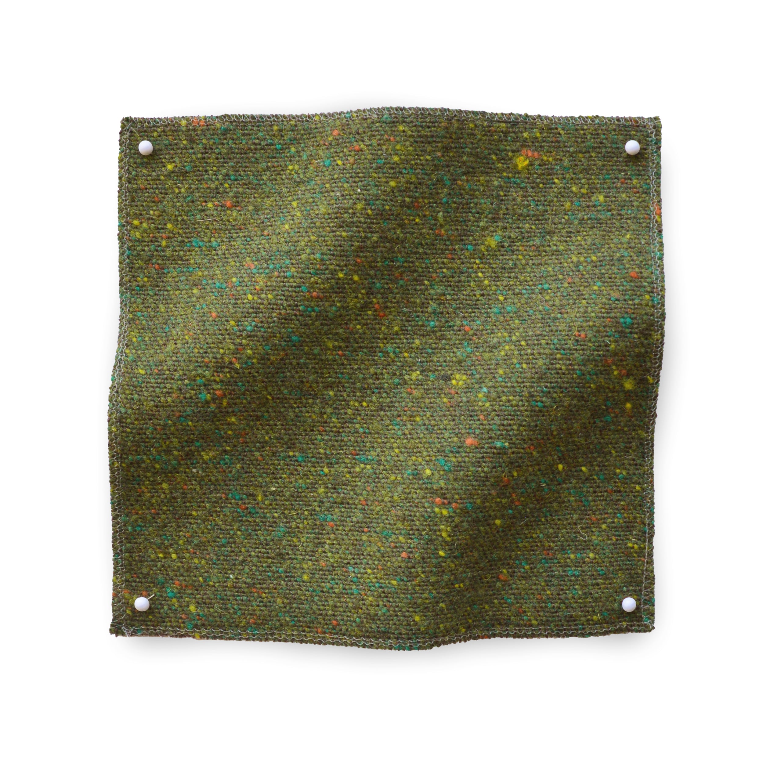 Square fabric swatch of heathered wool in an olive colorway.