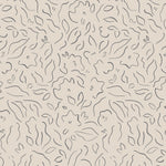 Detail of wallpaper in a minimalist floral print in gray on a tan field.