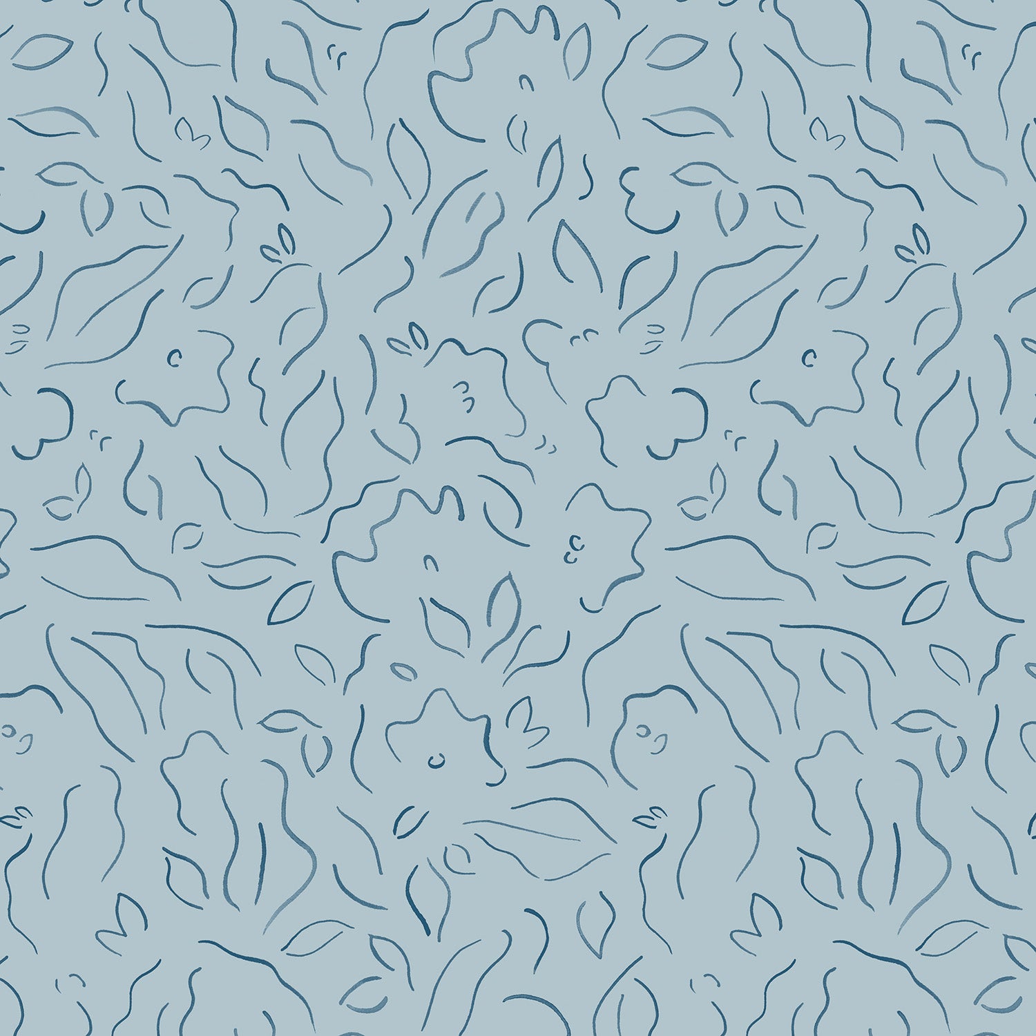 Detail of wallpaper in a minimalist floral print in navy on a blue field.