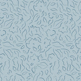 Detail of wallpaper in a minimalist floral print in navy on a blue field.