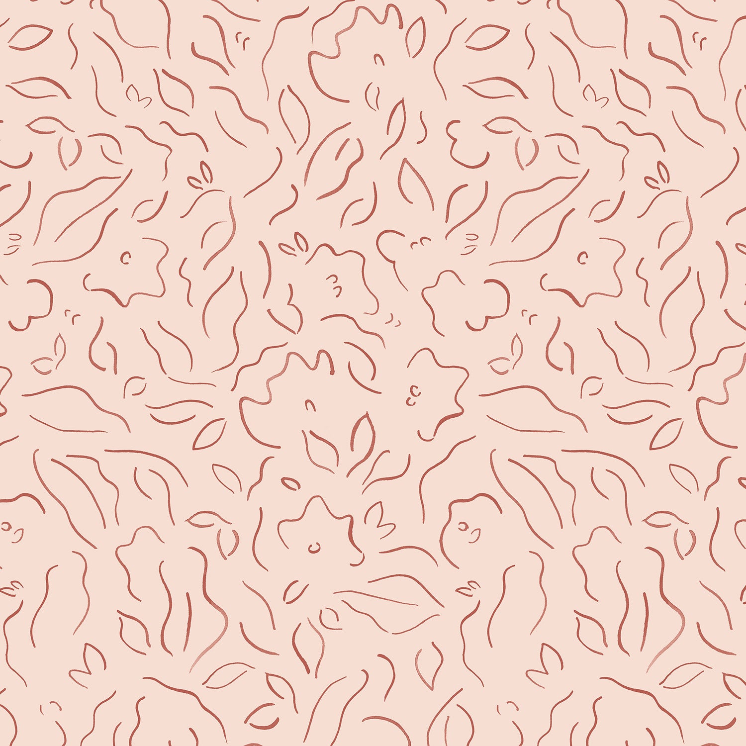 Detail of wallpaper in a minimalist floral print in red on a light pink field.