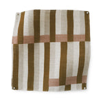 Fabric swatch in a broken stripe design in brown, blush pink, ecru and cream. 