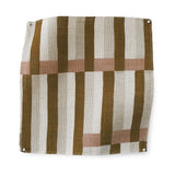 Fabric swatch in a broken stripe design in brown, blush pink, ecru and cream. 