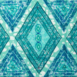Detail of fabric in an intricate diamond grid pattern in shades of blue and turquoise.
