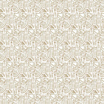 Detail of fabric in a dense geometric grid print in tan on a cream field.