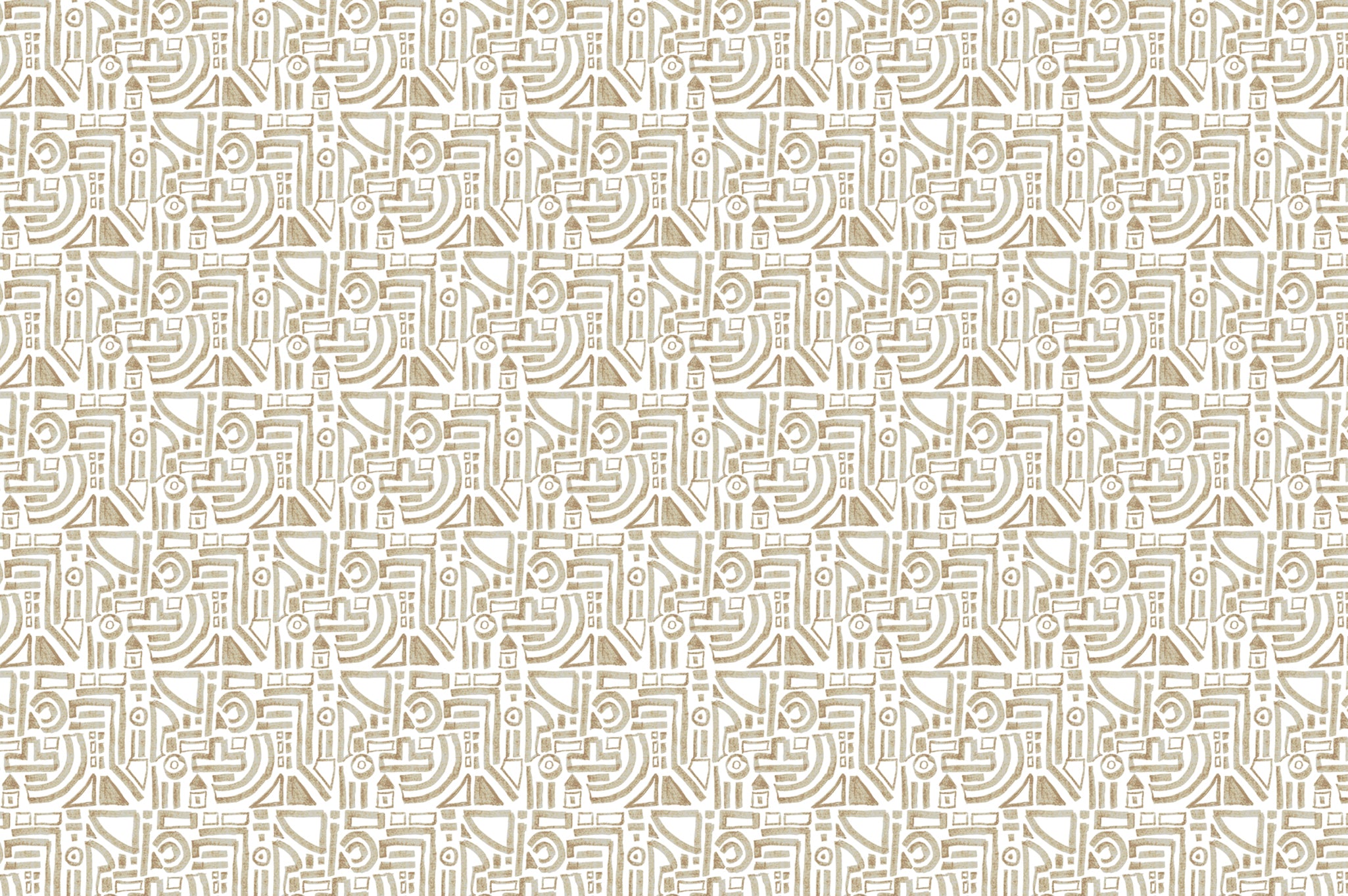 Detail of fabric in a dense geometric grid print in tan on a cream field.