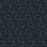 Detail of fabric in a dense geometric grid print in blue and cream on a black field.