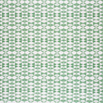 Detail of fabric in a geometric stripe pattern in green on a white field.