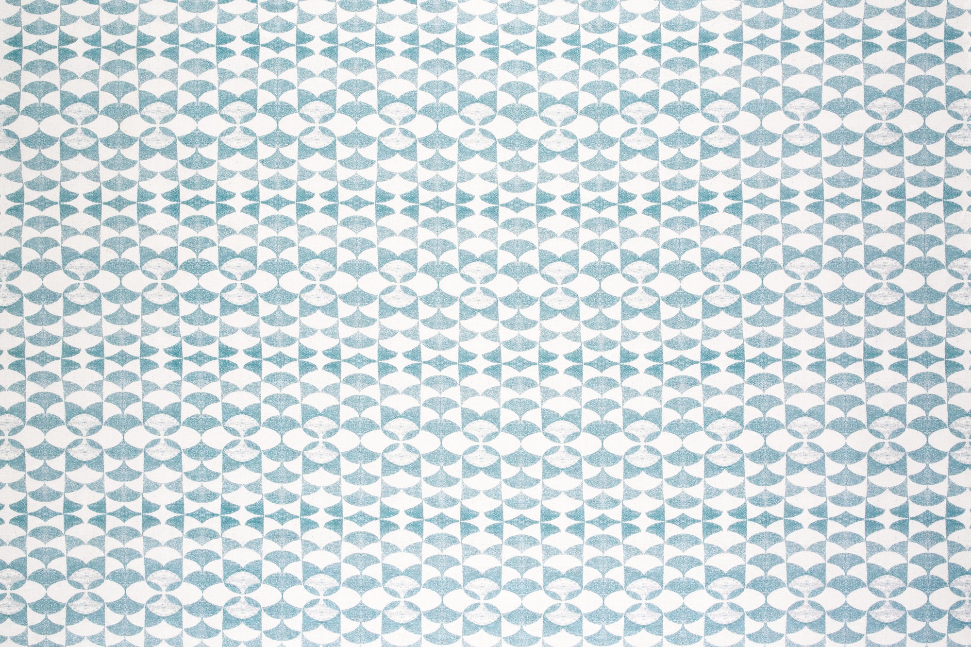 Detail of fabric in a geometric stripe pattern in light blue on a white field.