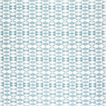 Detail of fabric in a geometric stripe pattern in light blue on a white field.