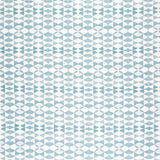 Detail of fabric in a geometric stripe pattern in light blue on a white field.