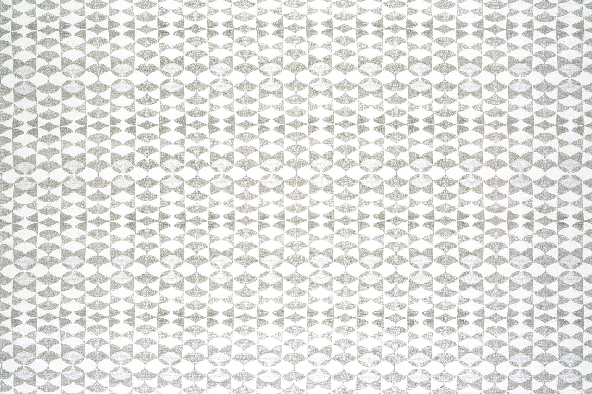 Detail of fabric in a geometric stripe pattern in light gray on a white field.