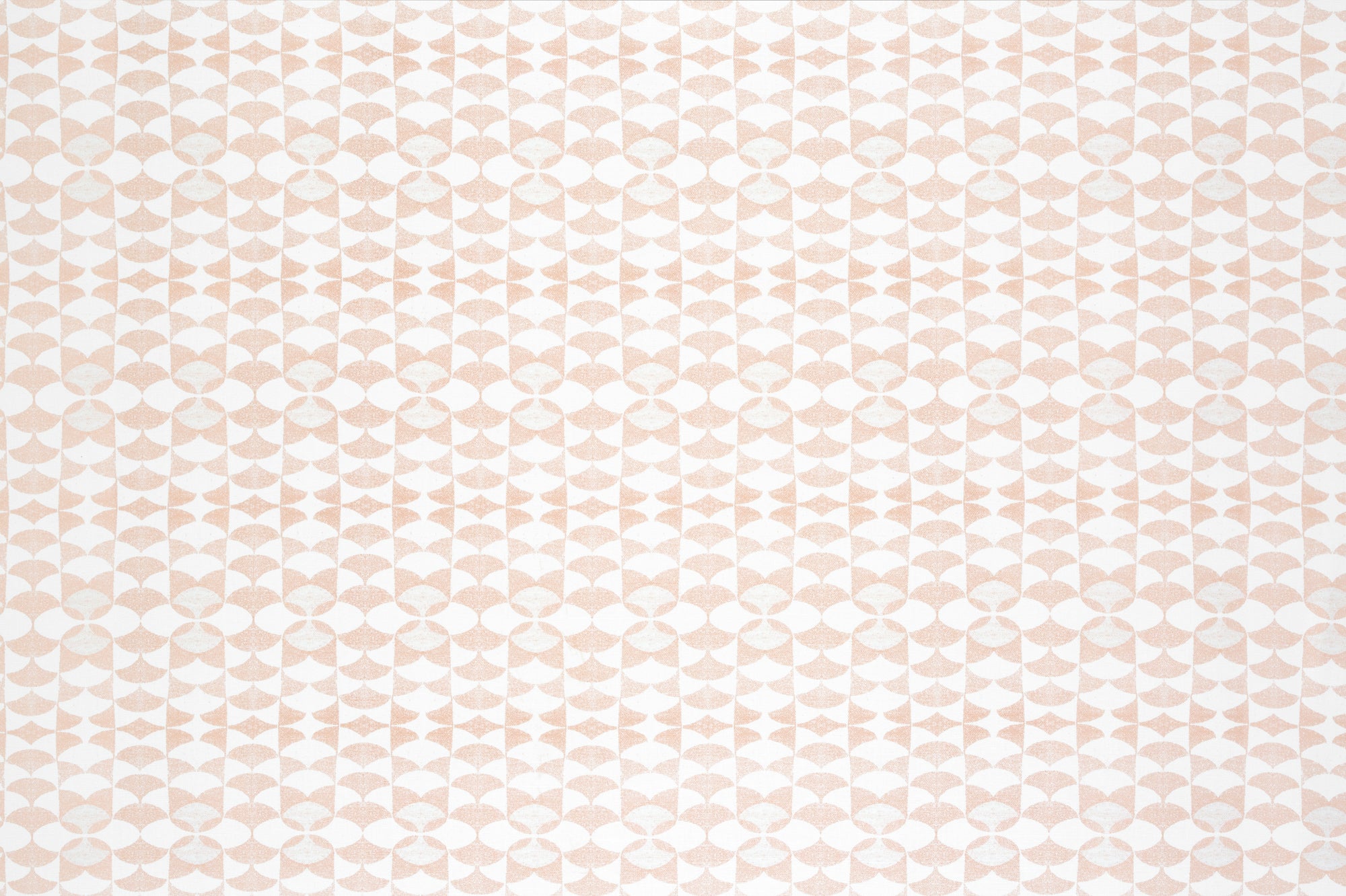 Detail of fabric in a geometric stripe pattern in light pink on a white field.