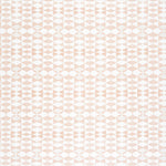 Detail of fabric in a geometric stripe pattern in light pink on a white field.