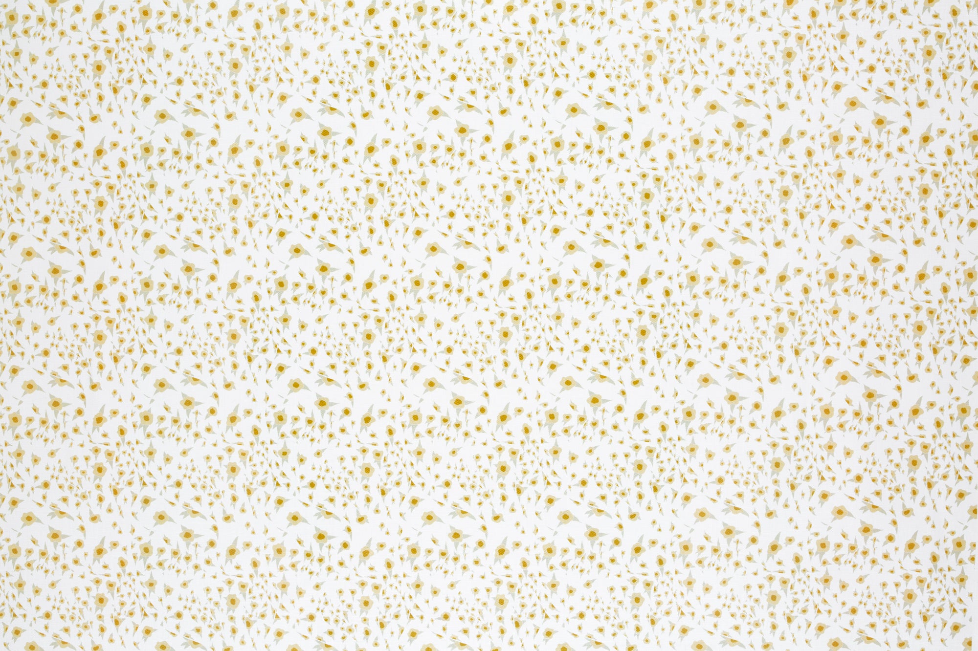 Detail of fabric in a small-scale floral pattern in yellow, orange and gray on a cream field.