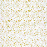Detail of fabric in a small-scale floral pattern in yellow, orange and gray on a cream field.