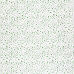 Detail of fabric in a small-scale floral pattern in green and gray on a cream field.
