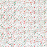 Detail of fabric in a small-scale floral pattern in pink, red and green on a cream field.