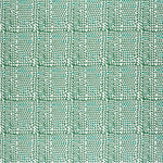 Detail of fabric in a dense triangle grid print in green on a white field.