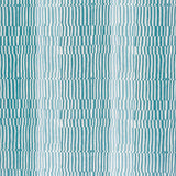 Detail of fabric in a dense broken stripe print in shades of blue and white.